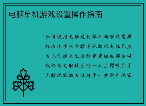 电脑单机游戏设置操作指南